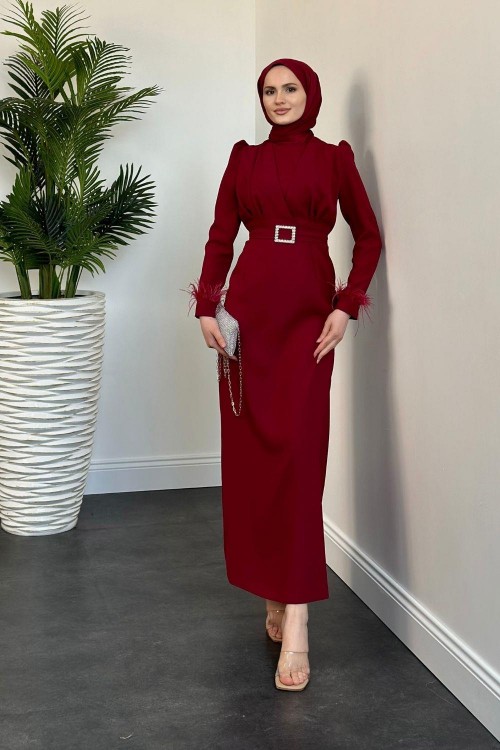 Stell Kolları Tüy Detay Kalem Abiye Bordo