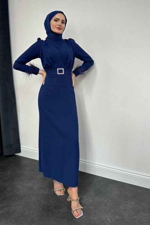 Stell Kolları Tüy Detay Kalem Abiye İndigo