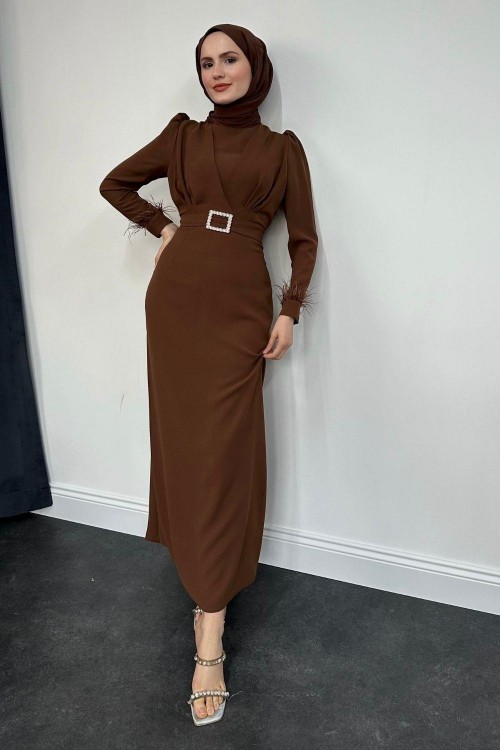 Stell Kolları Tüy Detay Kalem Abiye Kahverenk