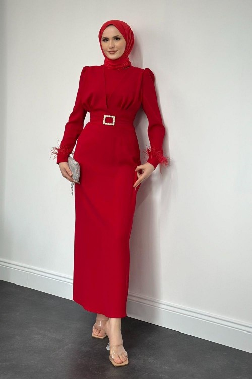 Stell Kolları Tüy Detay Kalem Abiye Kırmızı