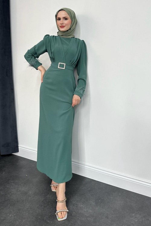 Stell Kolları Tüy Detay Kalem Abiye Mint Yeşili