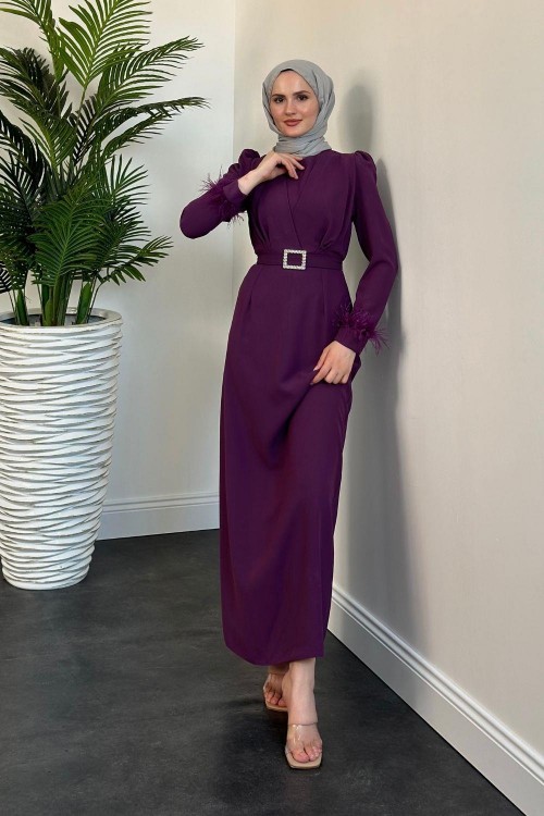 Stell Kolları Tüy Detay Kalem Abiye Mor