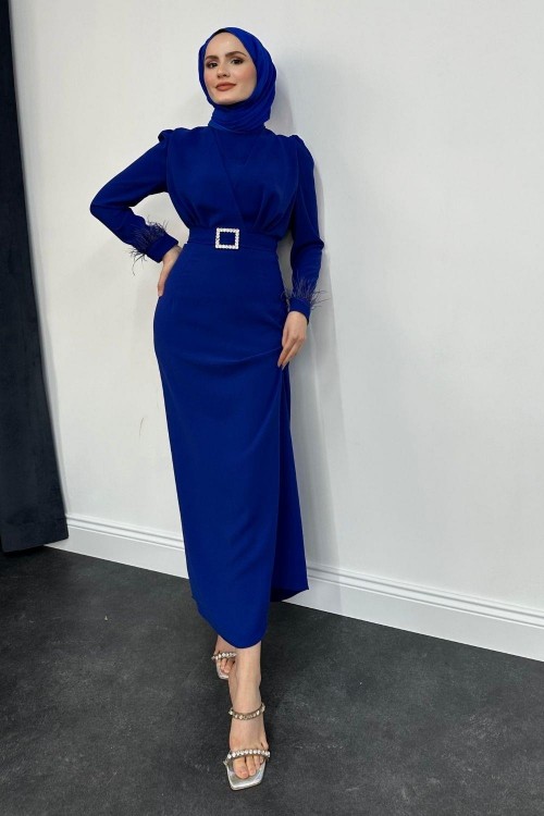 Stell Kolları Tüy Detay Kalem Abiye Saks Mavisi