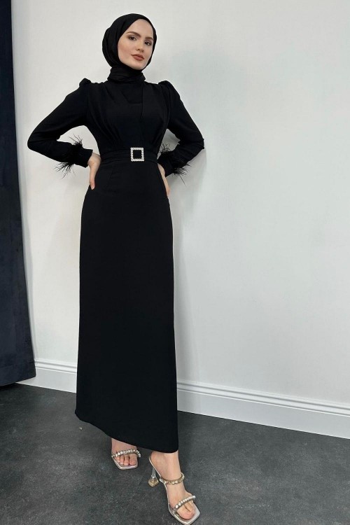 Stell Kolları Tüy Detay Kalem Abiye Siyah