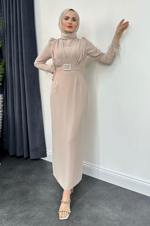 Stell Kolları Tüy Detay Kalem Abiye Taş