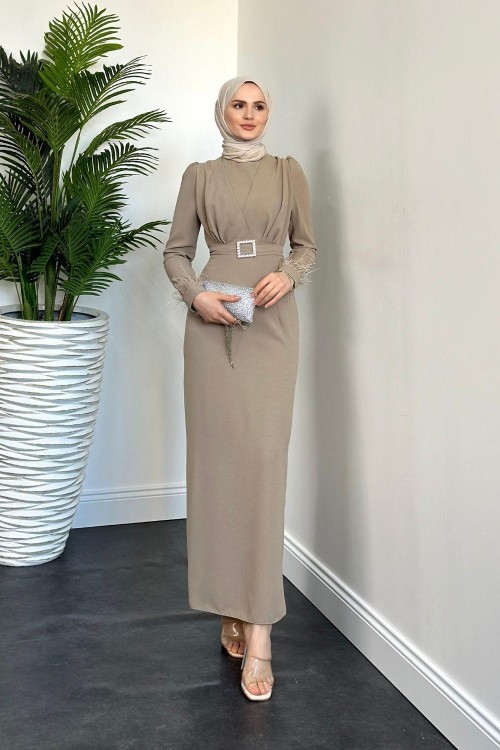 Stell Kolları Tüy Detay Kalem Abiye Vizon