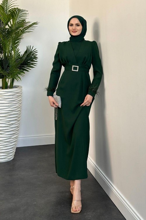 Stell Kolları Tüy Detay Kalem Abiye Yeşil