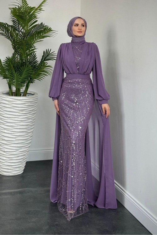 Stella Boncuk İşlemeli Pelerinli Abiye Lila