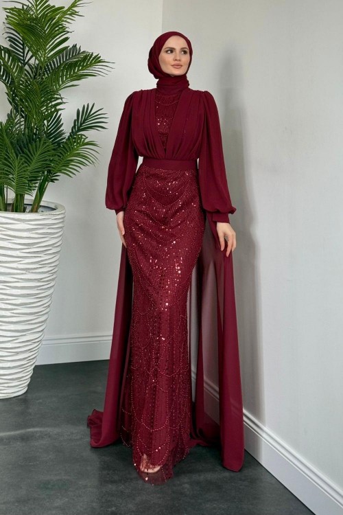 Stella Boncuk İşlemeli Pelerinli Abiye Bordo