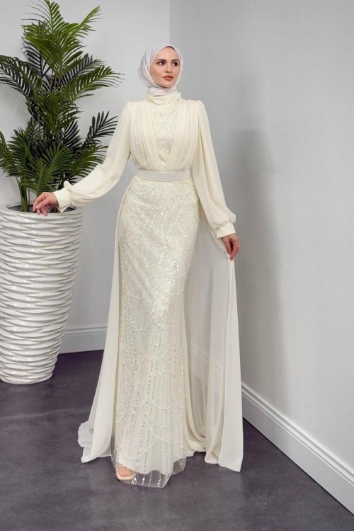 Stella Boncuk İşlemeli Pelerinli Abiye Beyaz