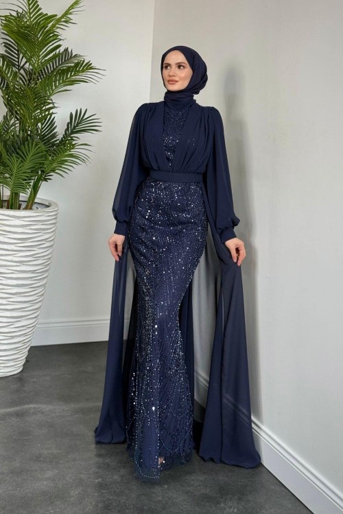 Stella Boncuk İşlemeli Pelerinli Abiye Lacivert