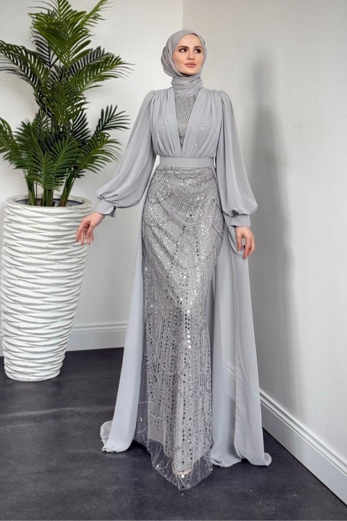 Stella Boncuk İşlemeli Pelerinli Abiye Gri