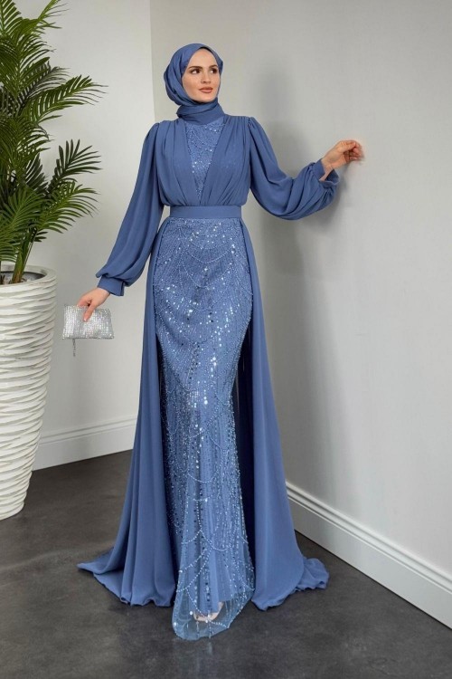 Stella Boncuk İşlemeli Pelerinli Abiye İndigo