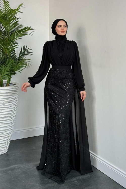 Stella Boncuk İşlemeli Pelerinli Abiye Siyah