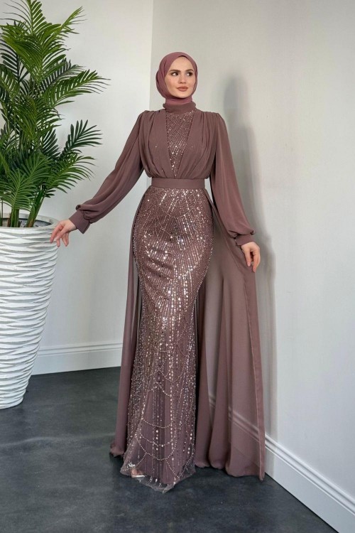 Stella Boncuk İşlemeli Pelerinli Abiye Gül Kurusu