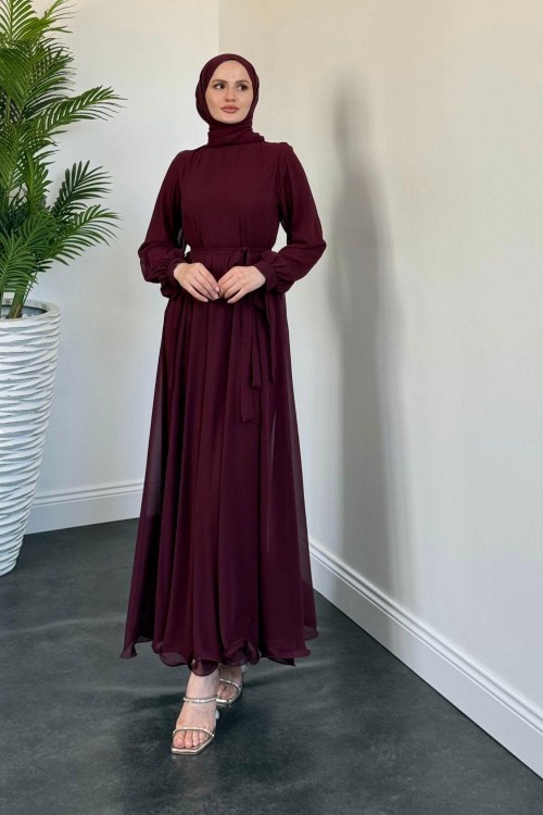 Summer Balon Kol Şifon Elbise Mürdüm