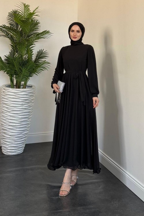 Summer Balon Kol Şifon Elbise Siyah