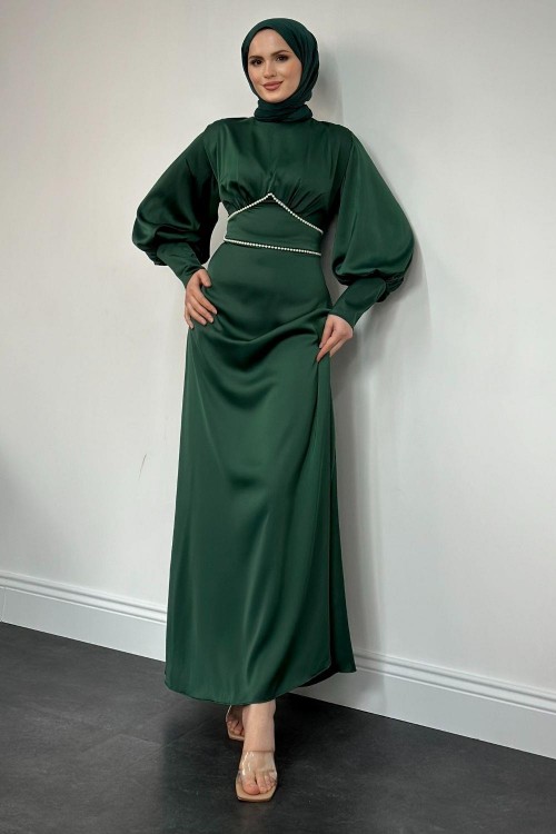 Susen Beli Üçgen Taşlı Abiye Koyu Zümrüt