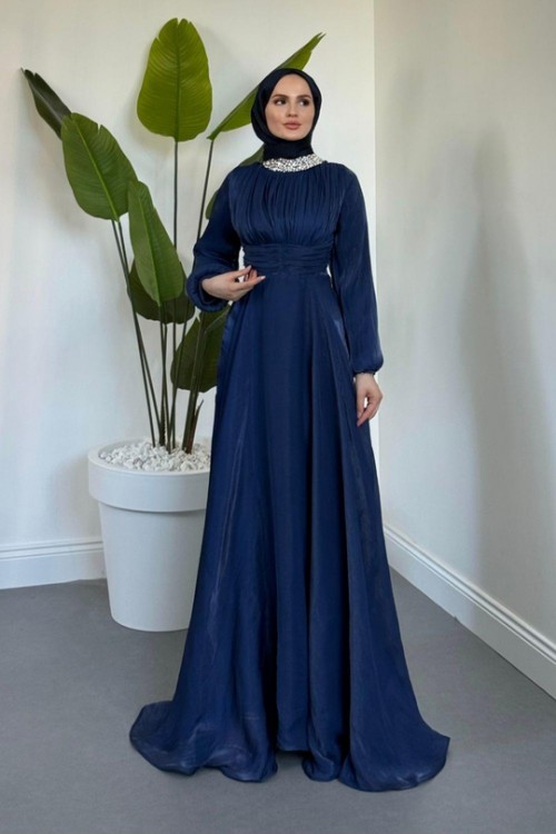 Talya Boynu Taşlı Abiye Lacivert