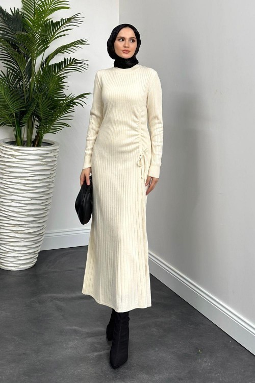 Tamara Büzgülü Fi Triko Elbise Krem