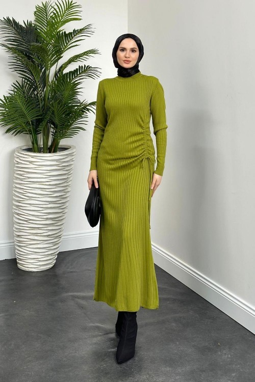 Tamara Büzgülü Fi Triko Elbise Yağ Yeşili