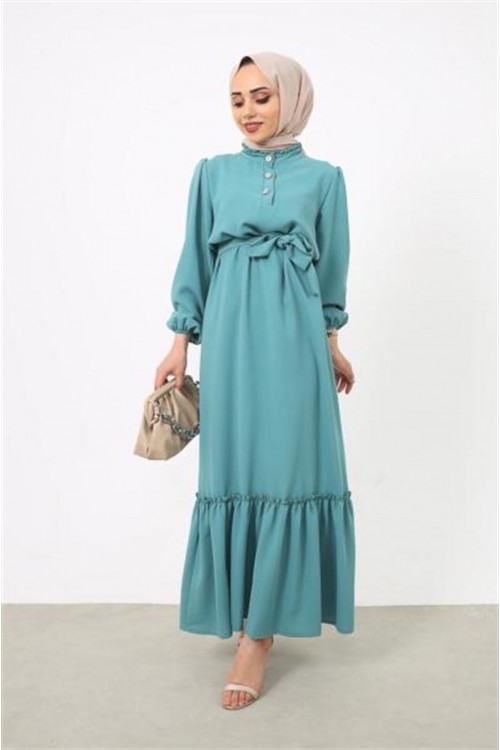 Taş Düğmeli Altı Fırfırlı Elbise Mint