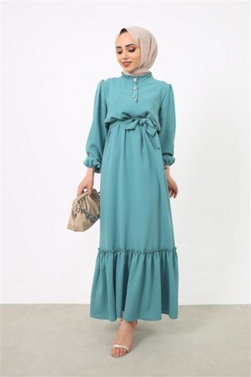 Taş Düğmeli Altı Fırfırlı Elbise Mint