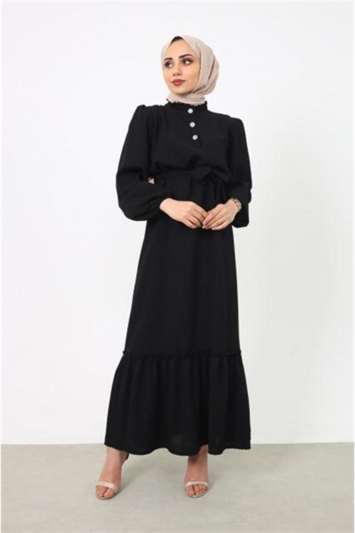 Taş Düğmeli Altı Fırfırlı Elbise Siyah