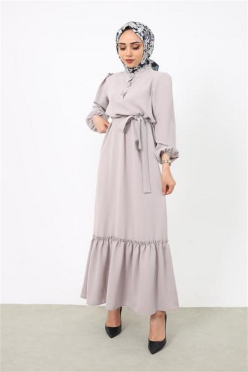 Taş Düğmeli Altı Fırfırlı Elbise Taş