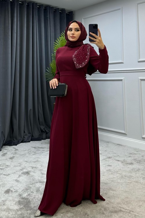 Taşlı Fiyonklu Abiye Bordo