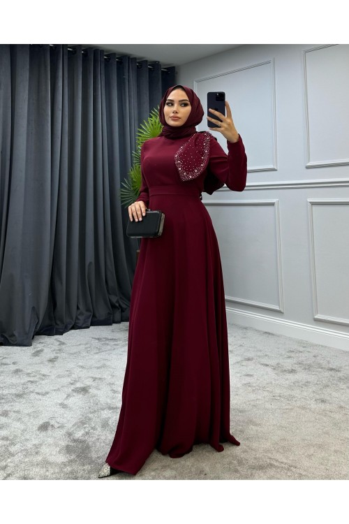 Taşlı Fiyonklu Abiye Bordo