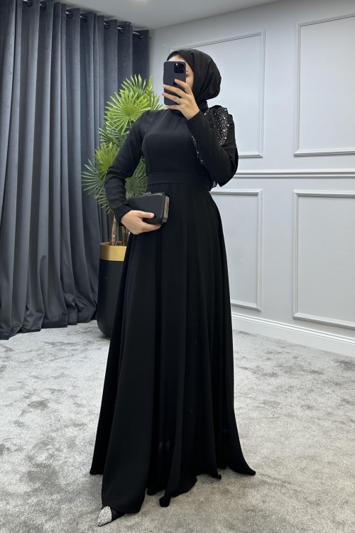 Taşlı Fiyonklu Abiye Siyah