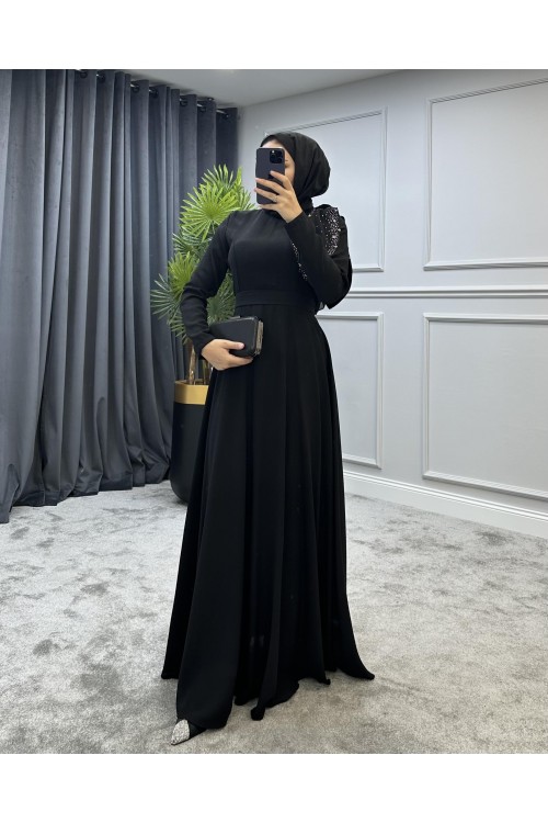 Taşlı Fiyonklu Abiye Siyah