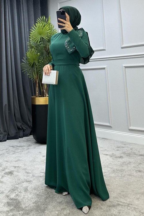 Taşlı Fiyonklu Abiye Yeşil