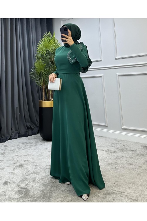 Taşlı Fiyonklu Abiye Yeşil