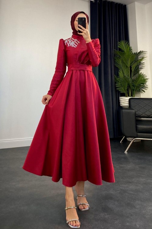 Tia Omzu Taşlı Abiye Tafta Abiye Bordo