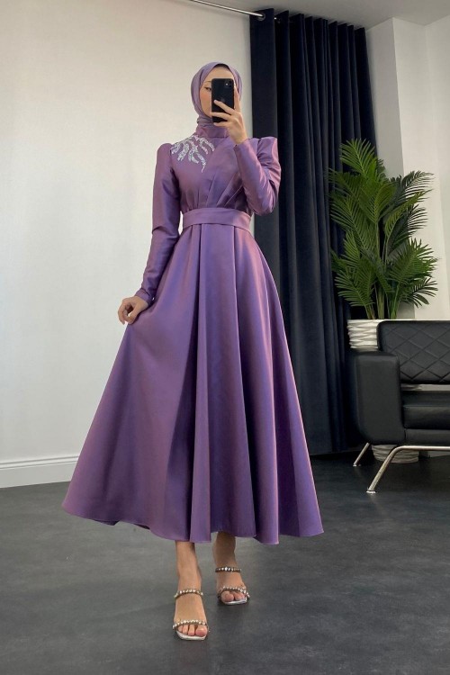 Tia Omzu Taşlı Abiye Tafta Abiye Lila