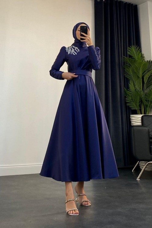 Tia Omzu Taşlı Abiye Tafta Lacivert