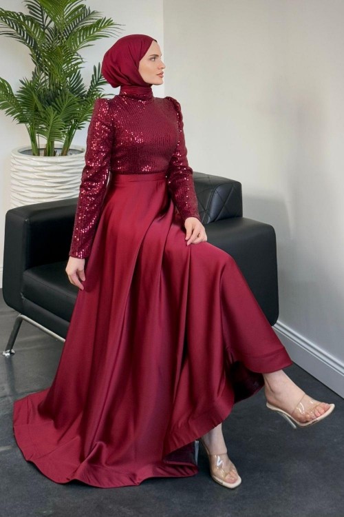 Tiana Pul Payet Abiye Bordo