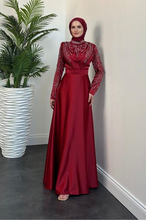 Tileda Taş Detaylı Saten Abiye Bordo