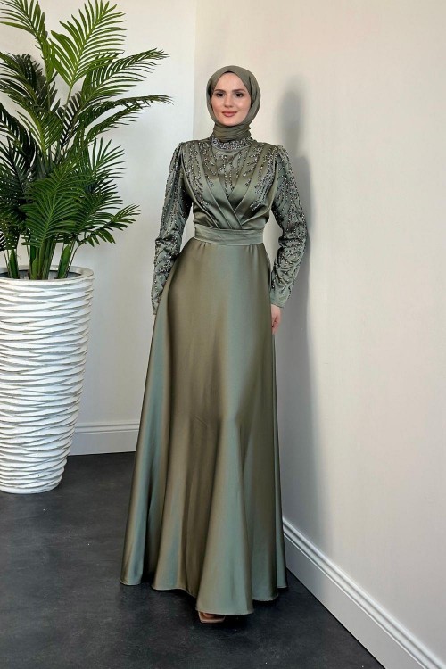 Tileda Taş Detaylı Saten Abiye Haki