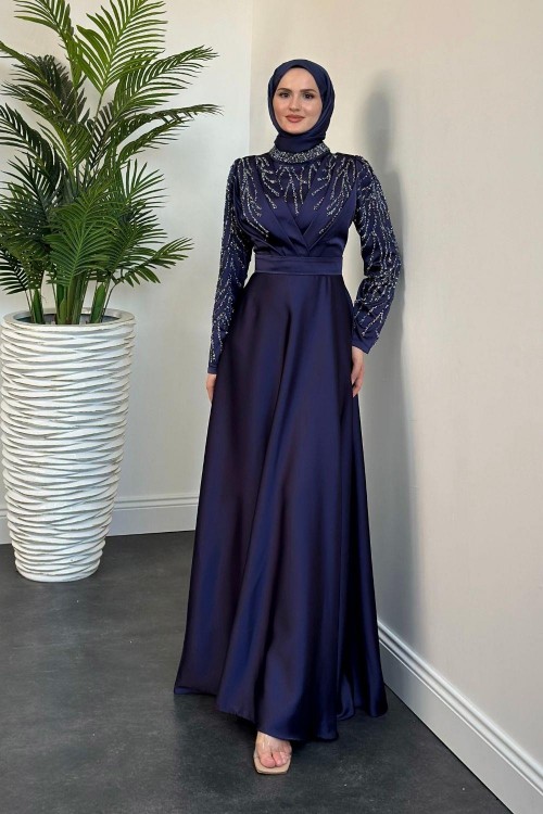 Tileda Taş Detaylı Saten Abiye Lacivert