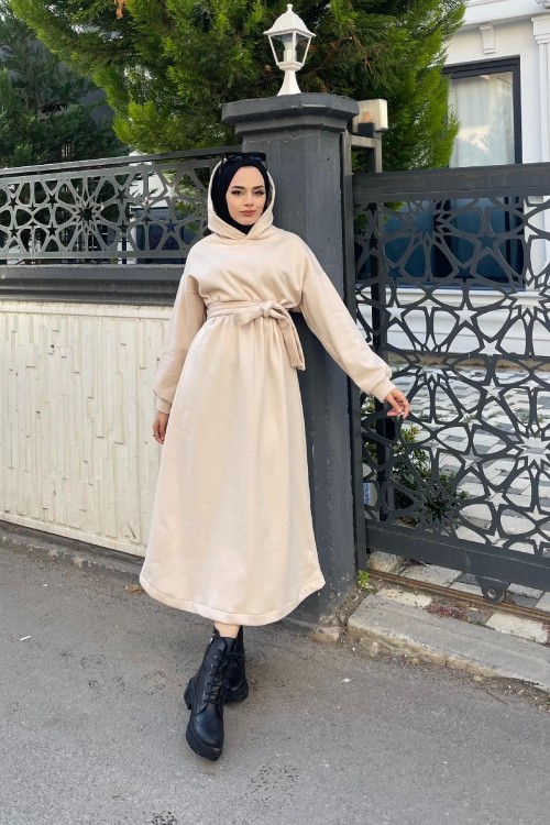 Üç İplik Kapşonlu Elbise Bej