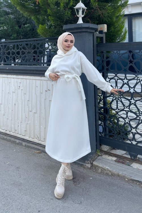 Üç İplik Kapşonlu Elbise Beyaz