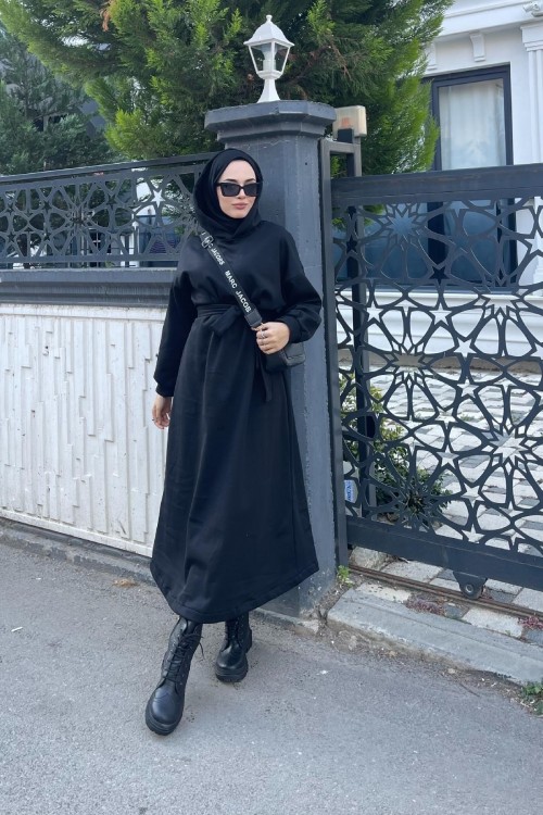 Üç İplik Kapşonlu Elbise Siyah