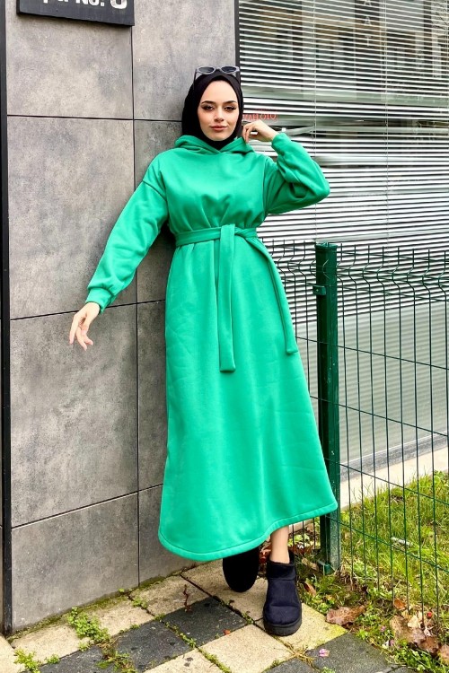 Üç İplik Kapşonlu Elbise Yeşil