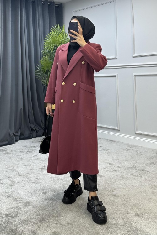 Uzun Düğmeli Kaban Bordo