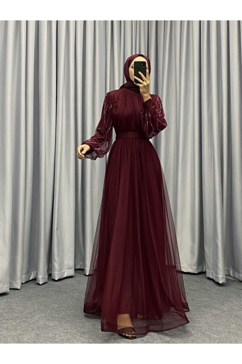 Valencia Kolu Taşlı Abiye Bordo