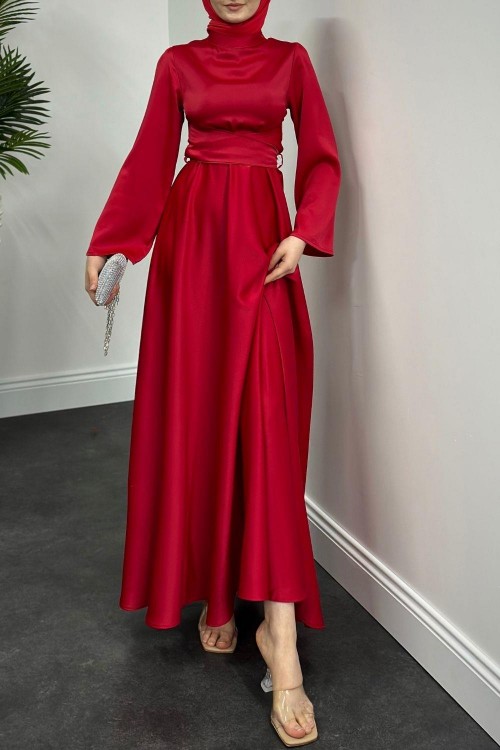 Valeria Kuşaklı Saten Abiye Kırmızı