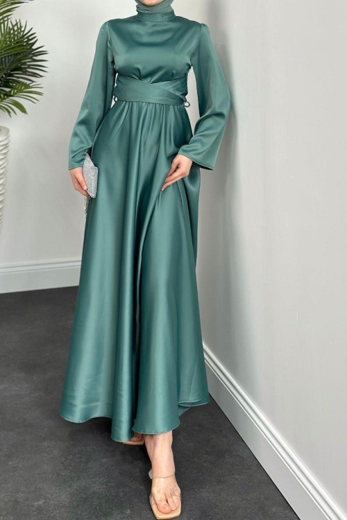 Valeria Kuşaklı Saten Abiye Mint Yeşili